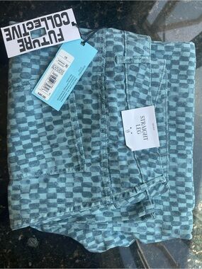 Future Collective Patterned Straight Leg Jeans in Aqua Blue